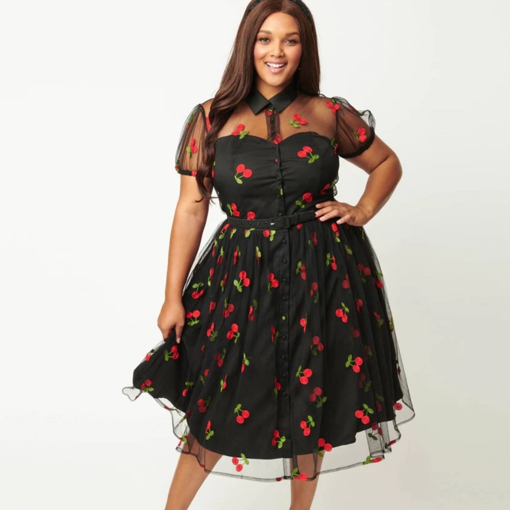 Unique Vintage Plus Size Black & Red Embroidered Cherry Swing Dress 4X/22-24